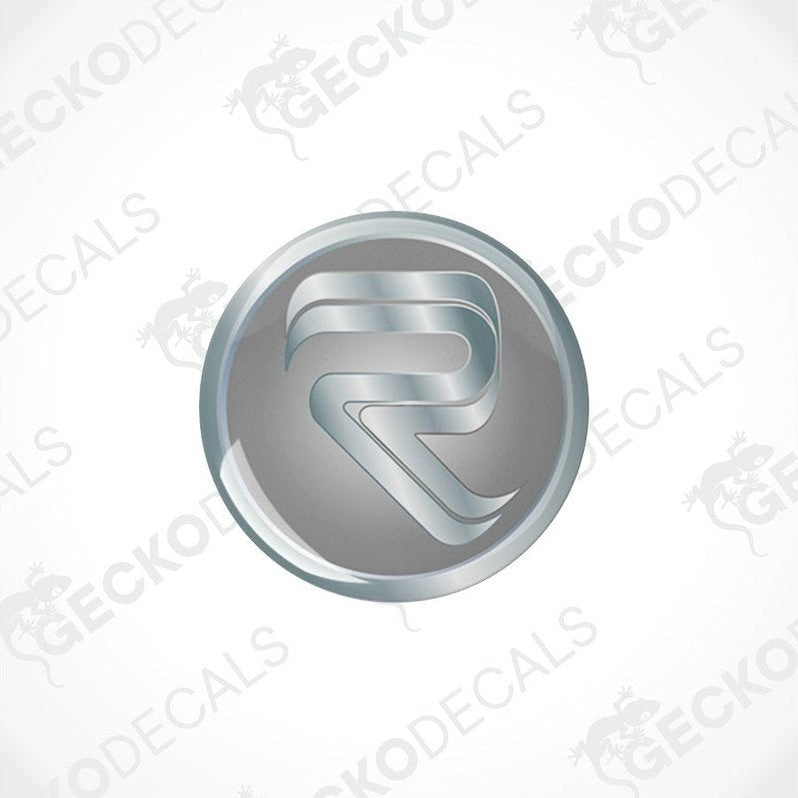 Two round vinyl stickers with a metallic finish and the Rimor logo in the center, placed on a white background with the Gecko Decals logo.