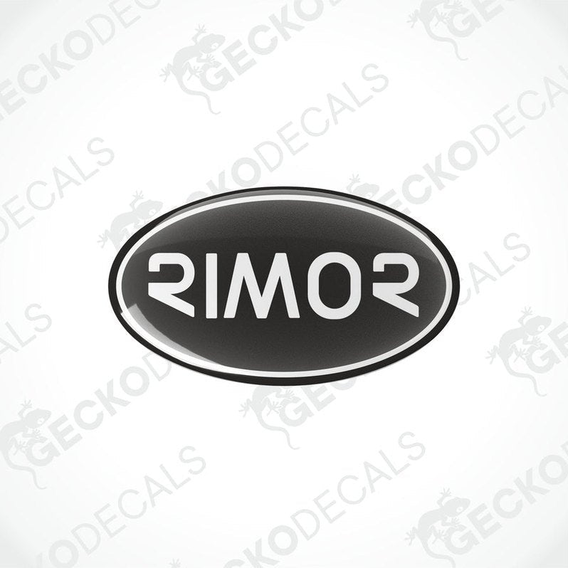 Two black vinyl stickers with the word 'Rimor' written in white.