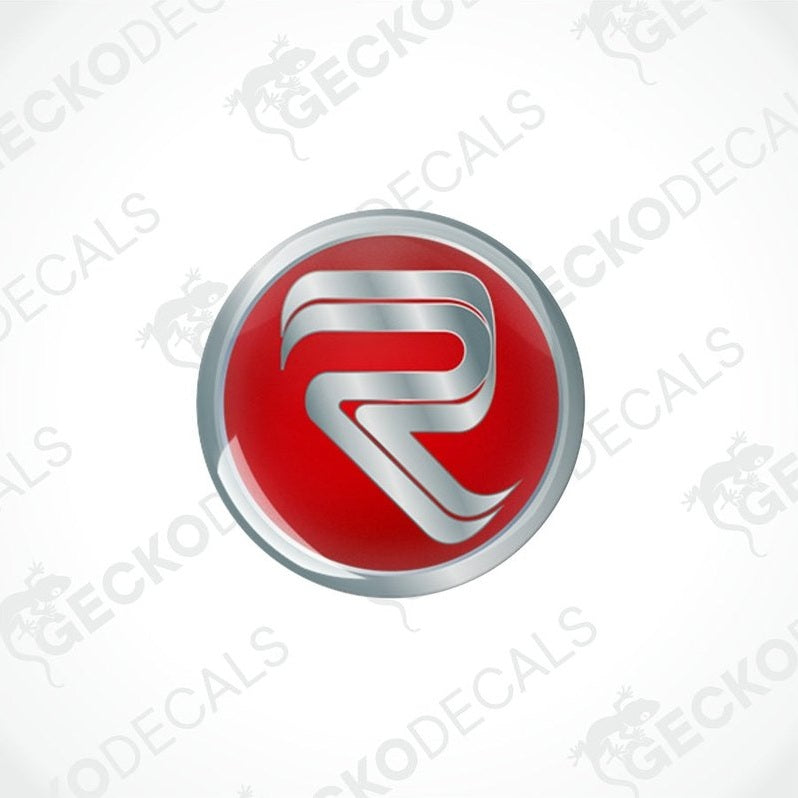 Two red, white, and silver vinyl stickers with a geometric pattern and the letter 'R' in the center, placed against a white background with the text 'geckodecals'.