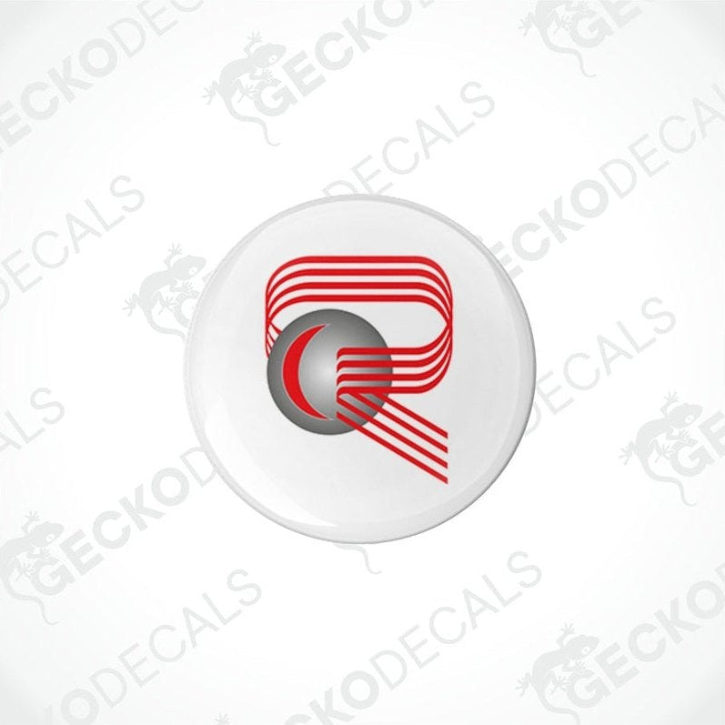 Two white vinyl stickers with a red and black design, including the word 'Rimor' in the center, placed on a white background with the Gecko Decals logo.