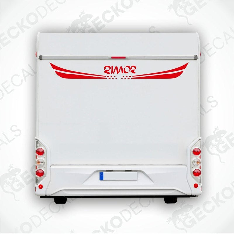 A white Rimor caravan with a red and white rear decal featuring the Rimor logo.