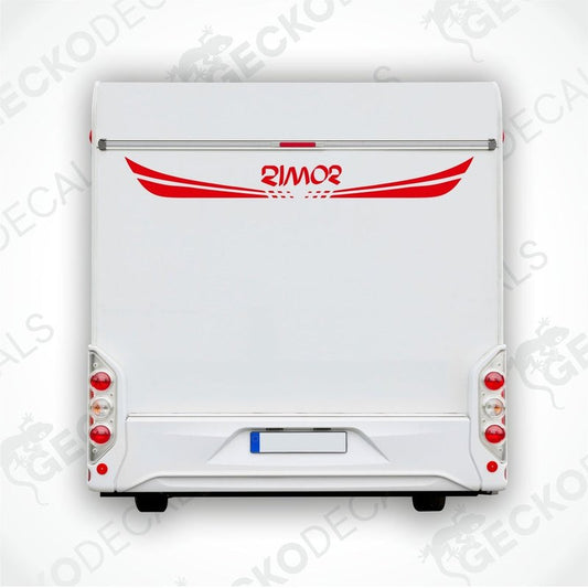 A white Rimor caravan with a red and white rear decal featuring the Rimor logo.