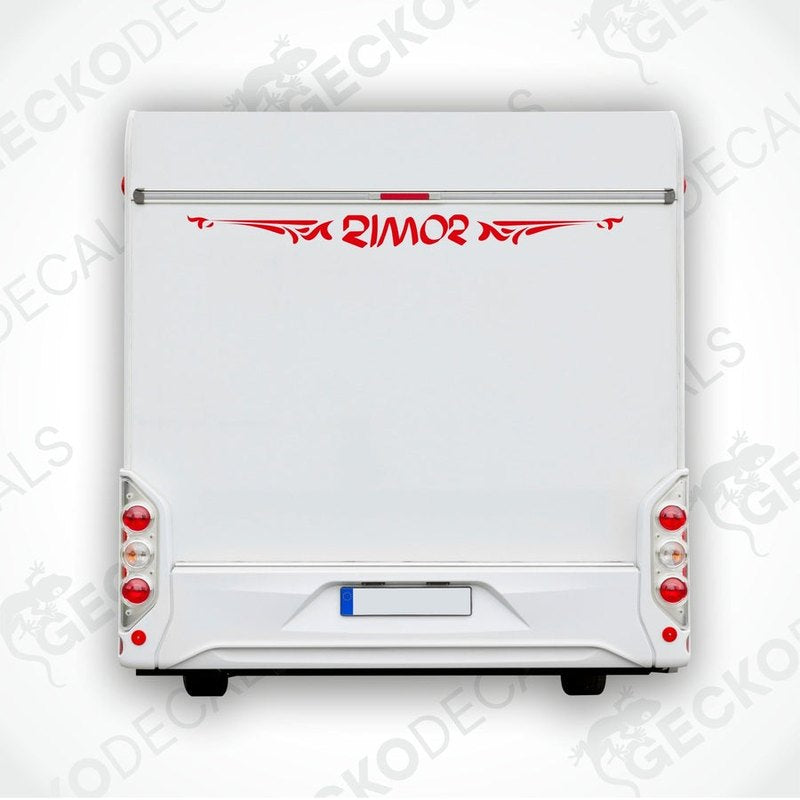 A white Rimor caravan with a red and black die cut decal on the rear side.
