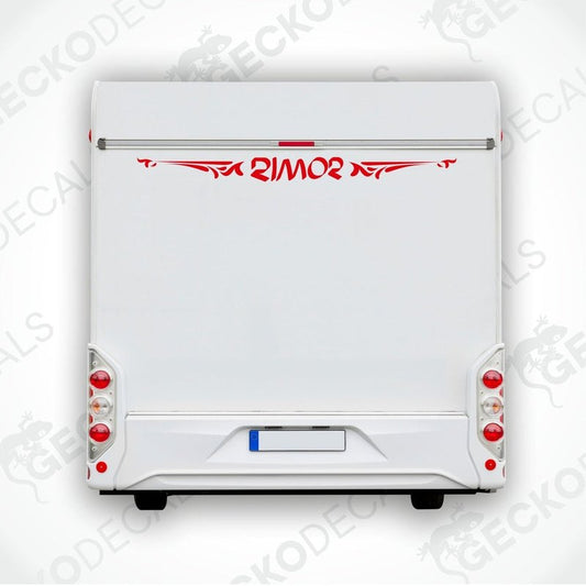 A white Rimor caravan with a red and black die cut decal on the rear side.