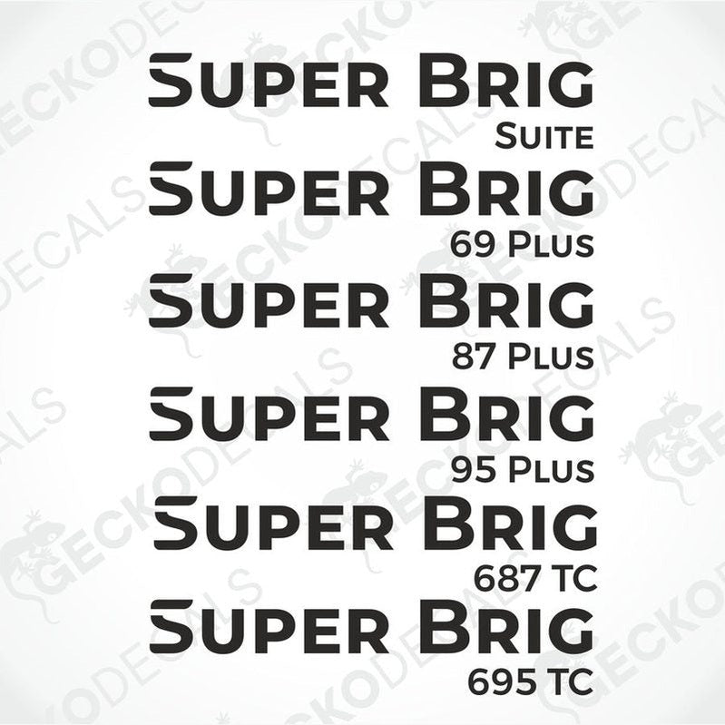 A series of vehicle decals for Rimor caravans, displaying different sizes with the text 'SUPER BRIG' and various model numbers.