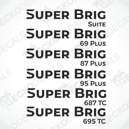 A series of vehicle decals for Rimor caravans, displaying different sizes with the text 'SUPER BRIG' and various model numbers.