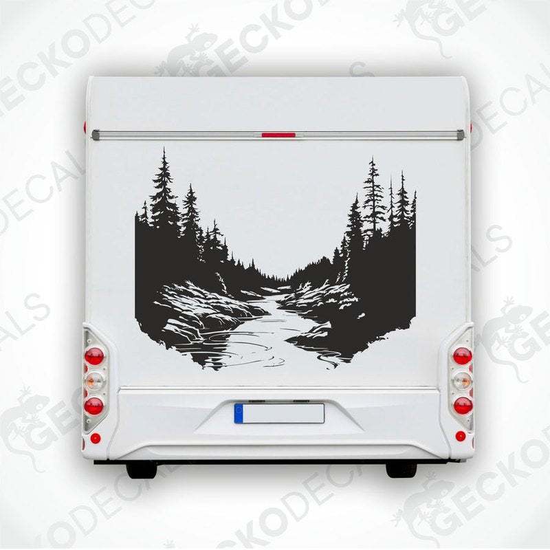 A black die cut decal of a river surrounded by forest, displayed on the rear of a white vehicle.