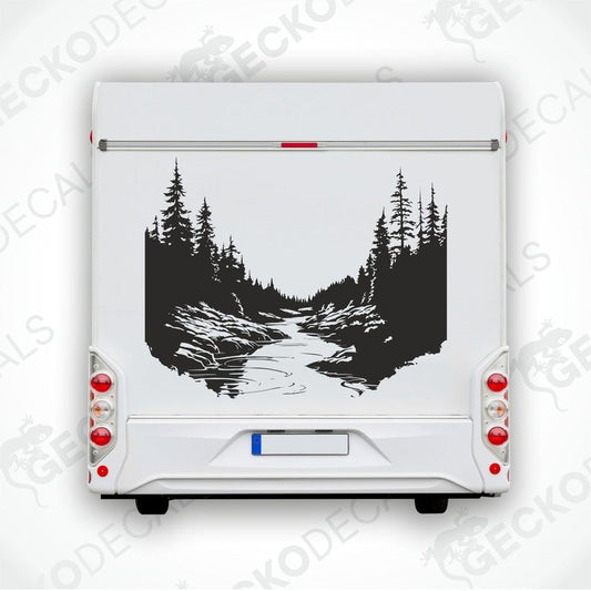 A black die cut decal of a river surrounded by forest, displayed on the rear of a white vehicle.