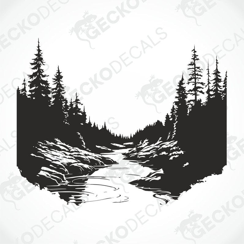 A black die cut decal of a river surrounded by forest, displayed on the rear of a white vehicle.