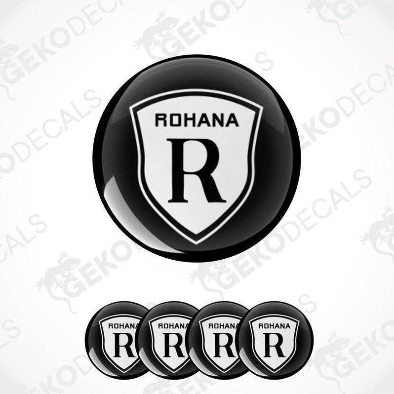 A set of four black and white vehicle decals with the word 'ROHANA' written in a distinctive font.