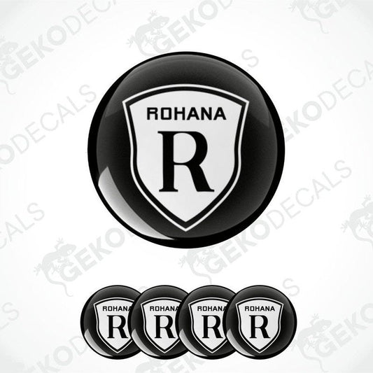 A set of four black and white vehicle decals with the word 'ROHANA' written in a distinctive font.