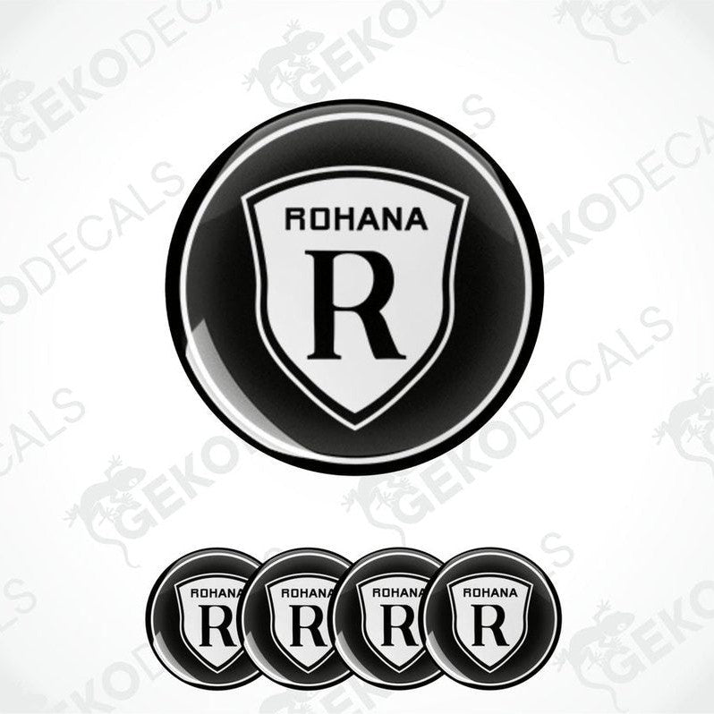 A set of four black and white vinyl stickers with the word 'ROHANA' and a logo depicting a stylized 'R' in a shield design.