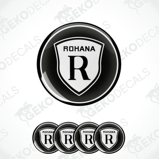 A set of four black and white vinyl stickers with the word 'ROHANA' and a logo depicting a stylized 'R' in a shield design.