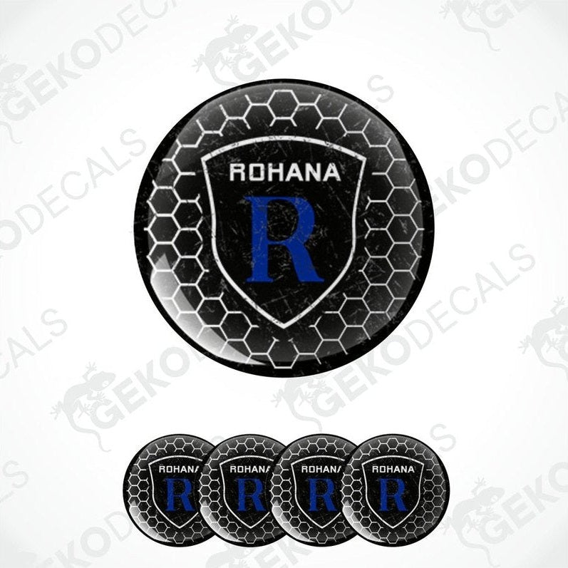 A set of vinyl decals with a polyurethane coating, featuring the brand name 'ROHANA' and a hexagonal design in black and blue color.