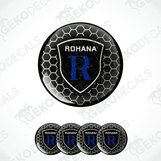 A set of vinyl decals with a polyurethane coating, featuring the brand name 'ROHANA' and a hexagonal design in black and blue color.