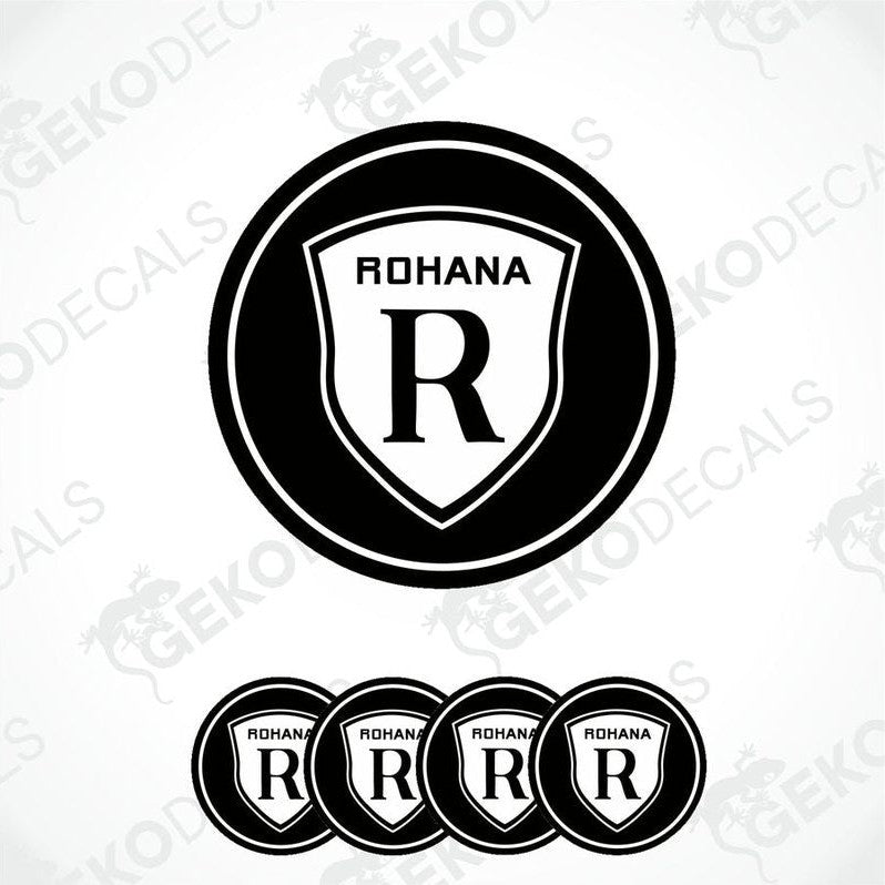 A set of four black and white vinyl stickers with the word 'ROHANA' and a logo depicting a stylized 'R' in a shield design.