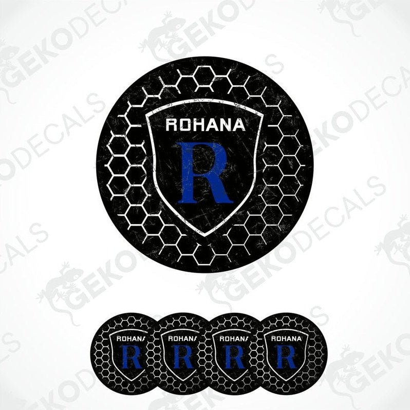 A set of vinyl decals with a polyurethane coating, featuring the brand name 'ROHANA' and a hexagonal design in black and blue color.