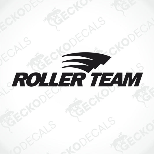 A die cut sticker with the text 'ROLLER TEAM' and a graphic design, delivered on transfer paper.
