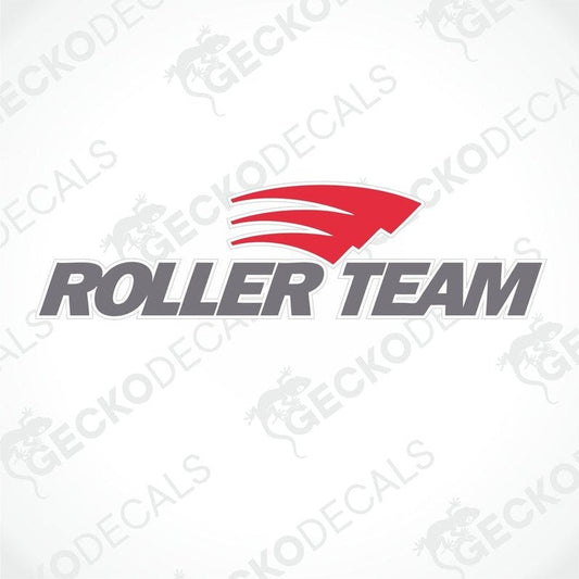 A die cut sticker with the text 'ROLLER TEAM' in red and grey on a white background.