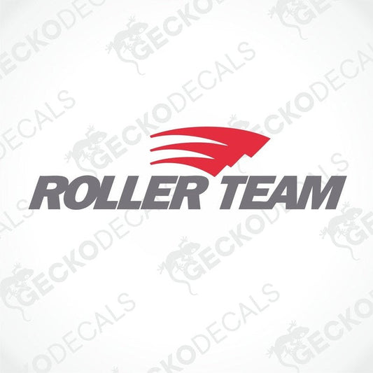 A die cut sticker with the text 'ROLLER TEAM' on a white background, intended for use as a car decal.