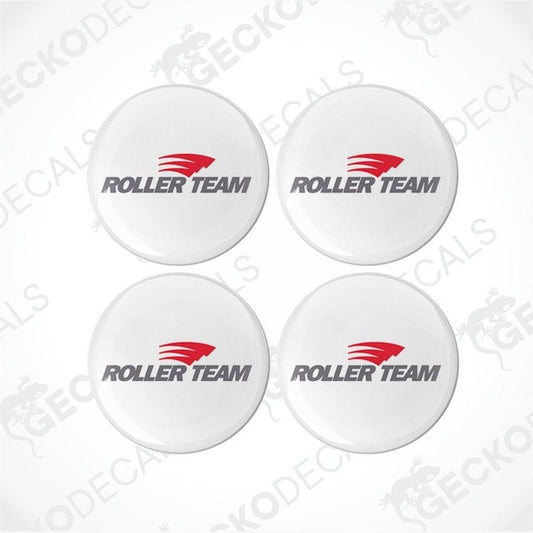 A set of four white round vinyl decals with the red 'ROLLER TEAM' logo.