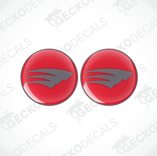 Two round red and grey vinyl decals with a polyurethane coating designed for caravan use.