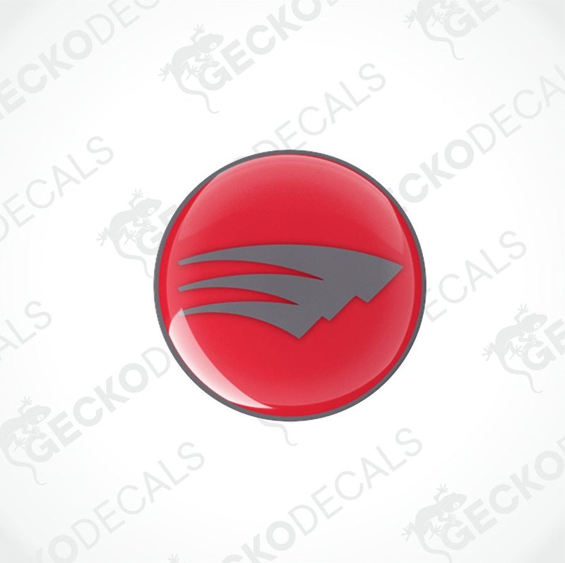 Two round red and grey vinyl decals with a polyurethane coating designed for caravan use.