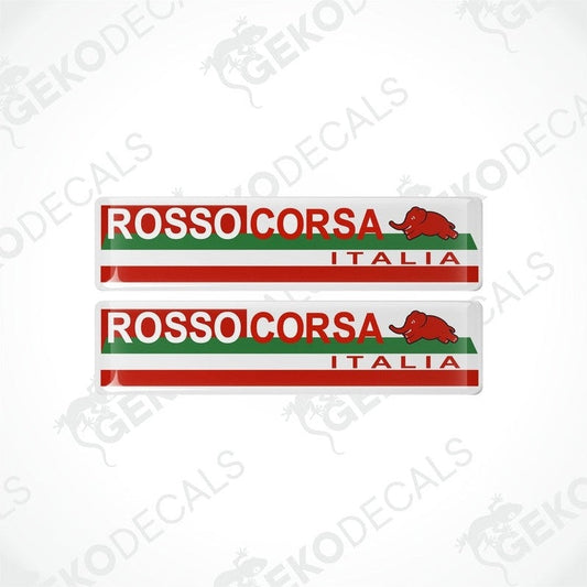 A pair of vinyl stickers with red, white, and green colors, featuring the text 'ROSSO CORSA ITALIA' and a green dinosaur logo.