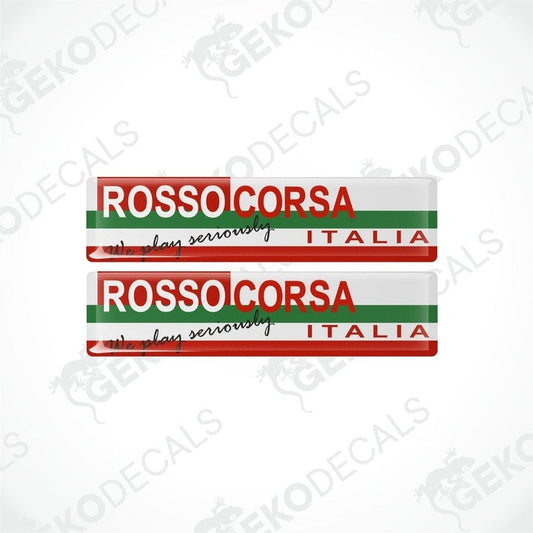 A set of two vinyl stickers with red, white, and green colors, featuring the text 'ROSSO CORSA' and 'ITALY' along with the phrase 'WE PLAY SERIOUSLY'.