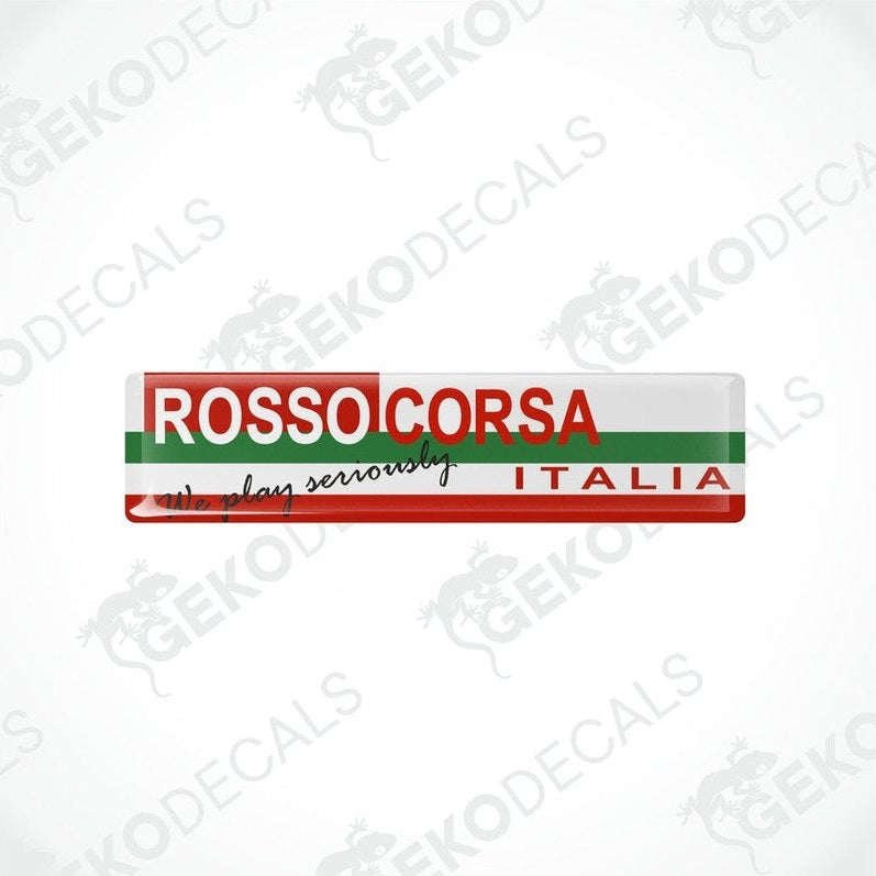  Vinyl stickers with red, white, and green colors, featuring the text 'ROSSO CORSA' and 'ITALY' along with the phrase 'WE PLAY SERIOUSLY'.