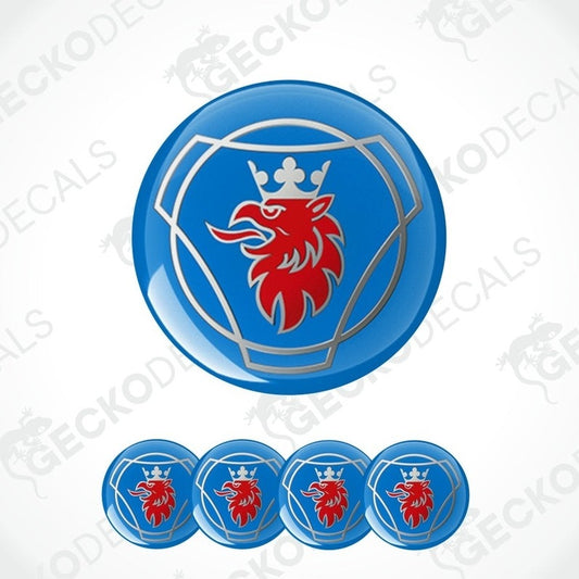 Blue round decal with red lion design on a white background