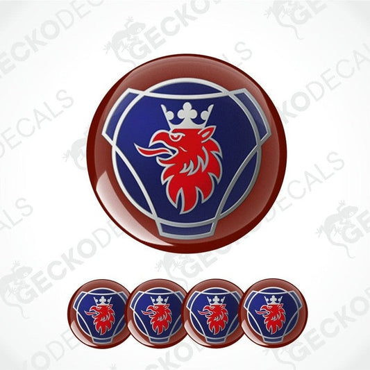 Set of red and blue emblems with a lion design on a white background.
