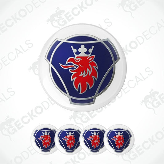 Set of car emblems with a red wolf design on a blue background, branded 'Gecko Decals'.