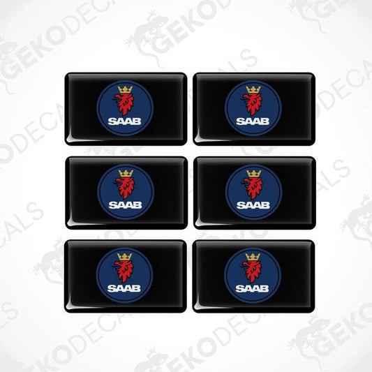 A set of six black vinyl decals with the SAAB logo in red and blue.