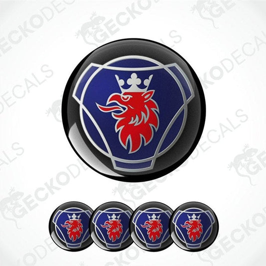 Set of car emblems with a red lion design on a blue background, branded 'Gecko Decals'.