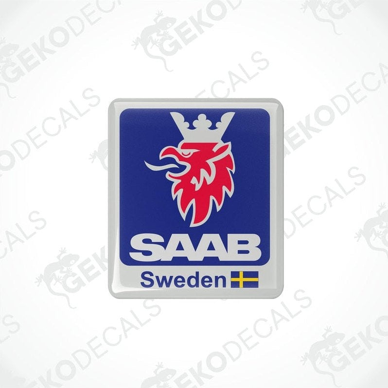  Square-shaped blue car decals with the SAAB Sweden logo and a small Swedish flag.