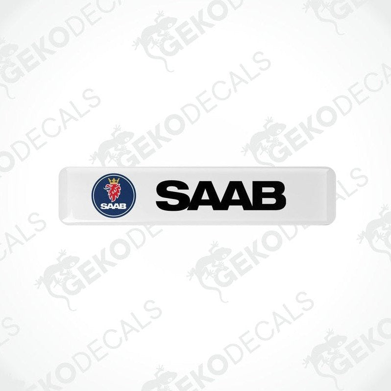 Withe vinyl decals with polyurethane coating featuring the SAAB logo in black lettering.