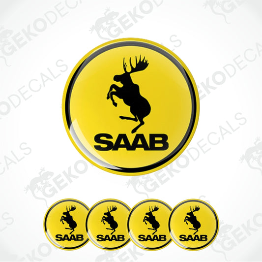 A set of four yellow vinyl stickers with a black silhouette of a moose and the word 'SAAB' on each sticker.