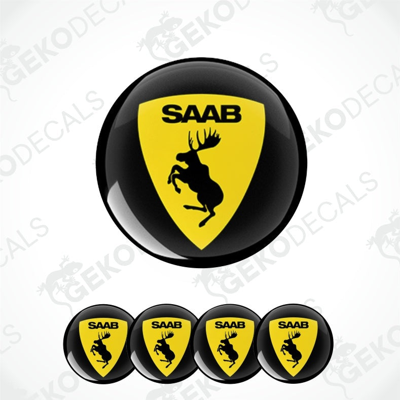 A set of four black vinyl stickers with a yellow and black SAAB logo and a moose design.