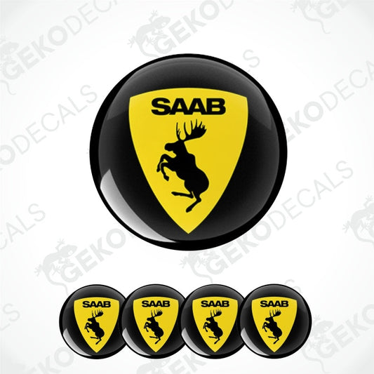 A set of four black vinyl stickers with a yellow and black SAAB logo and a moose design.