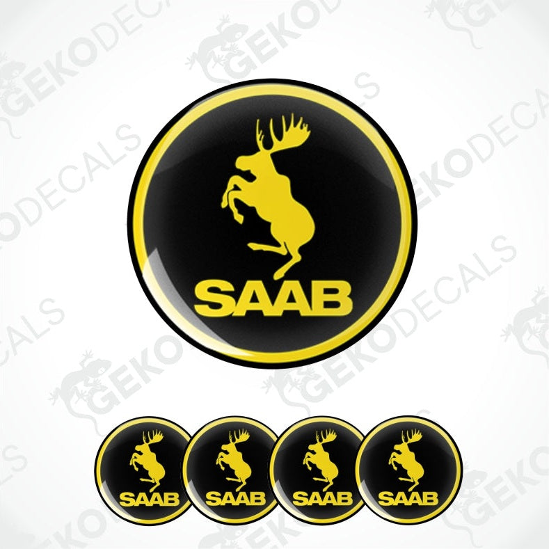 A set of black and yellow vinyl decals featuring a moose silhouette with the SAAB brand logo, intended for use as car decals.
