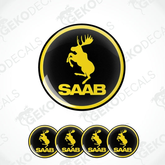 A set of black and yellow vinyl decals featuring a moose silhouette with the SAAB brand logo, intended for use as car decals.