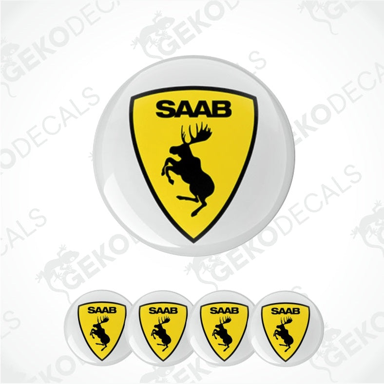 A set of yellow and black SAAB moose decals designed for car wheels, with four variations shown.