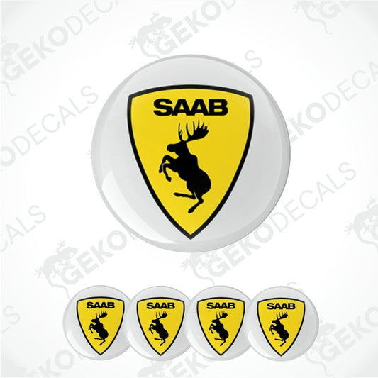 A set of yellow and black SAAB moose decals designed for car wheels, with four variations shown.