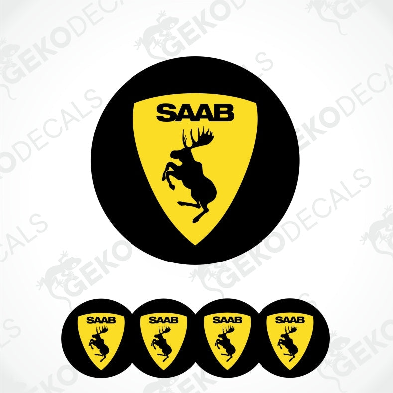 A set of four black vinyl stickers with a yellow and black SAAB logo and a moose design.
