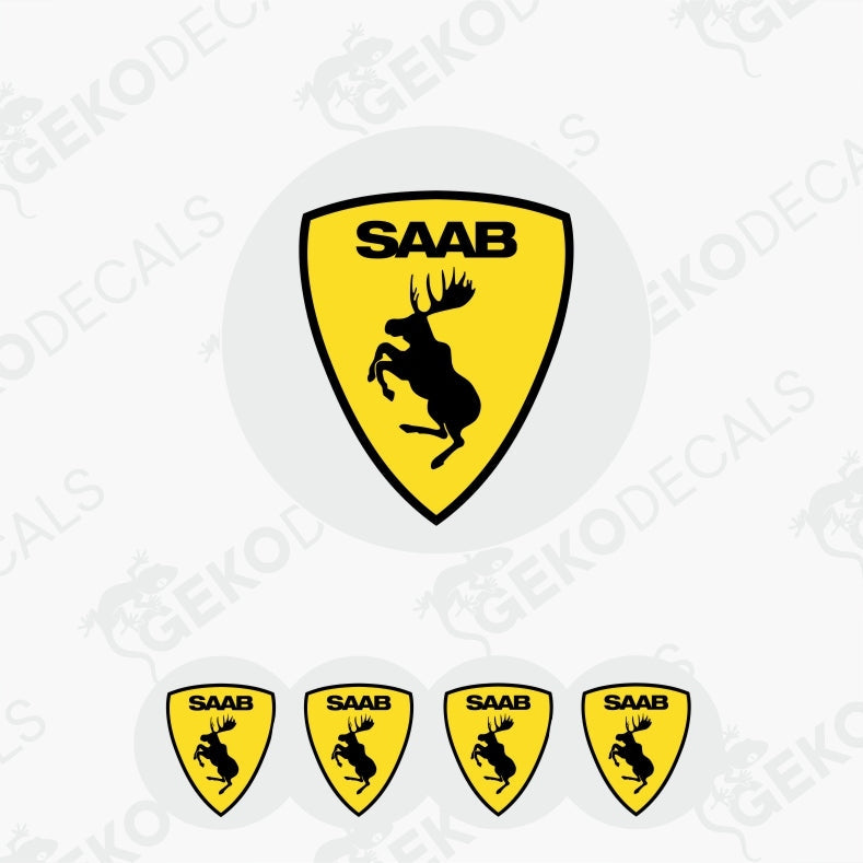 A set of yellow and black SAAB moose decals designed for car wheels, with four variations shown.