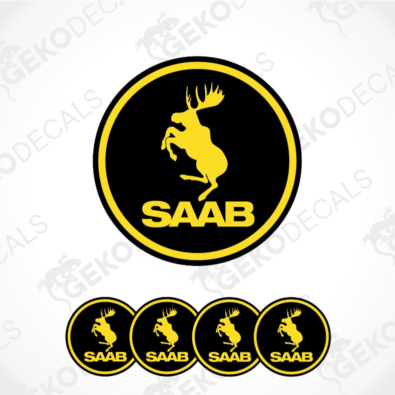 A set of black and yellow vinyl decals featuring a moose silhouette with the SAAB brand logo, intended for use as car decals.