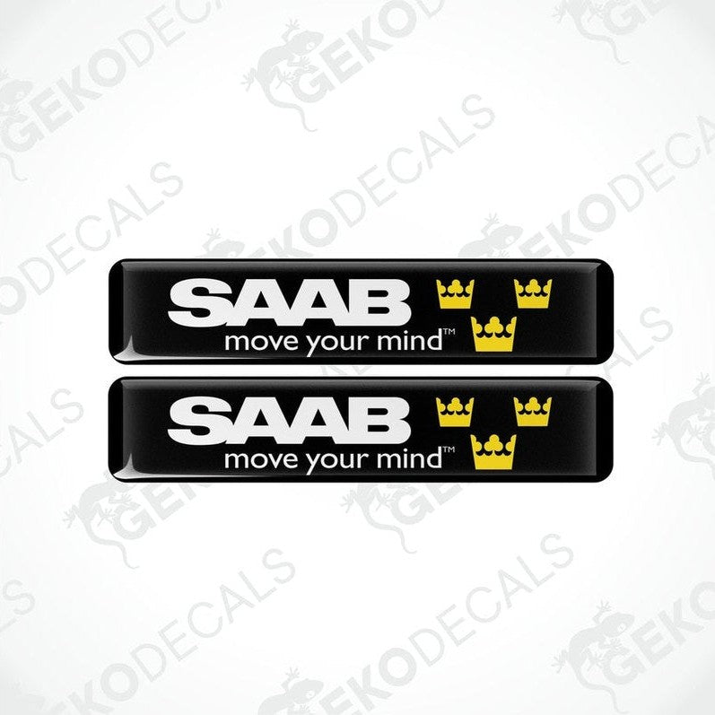 Two rectangular black vinyl decals with the text 'SAAB move your mind' and the SAAB logo in yellow.