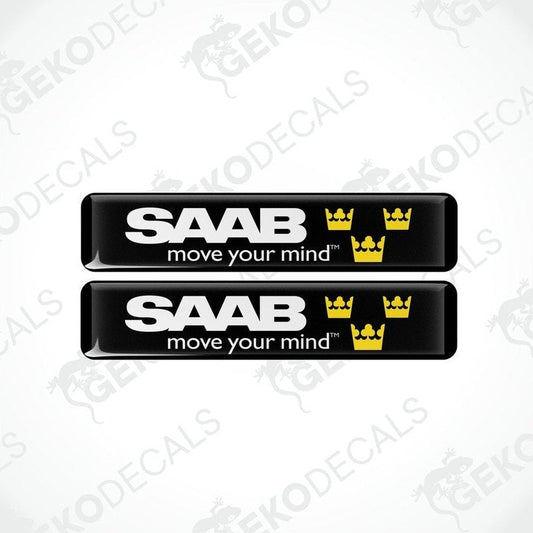 Two rectangular black vinyl decals with the text 'SAAB move your mind' and the SAAB logo in yellow.