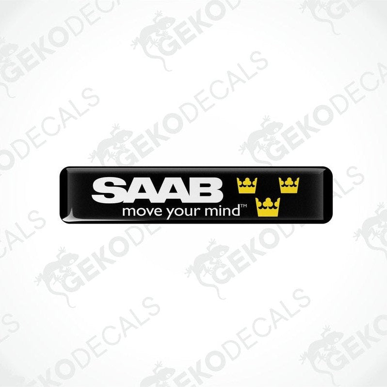Rectangular black vinyl decals with the text 'SAAB move your mind' and the SAAB logo in yellow.